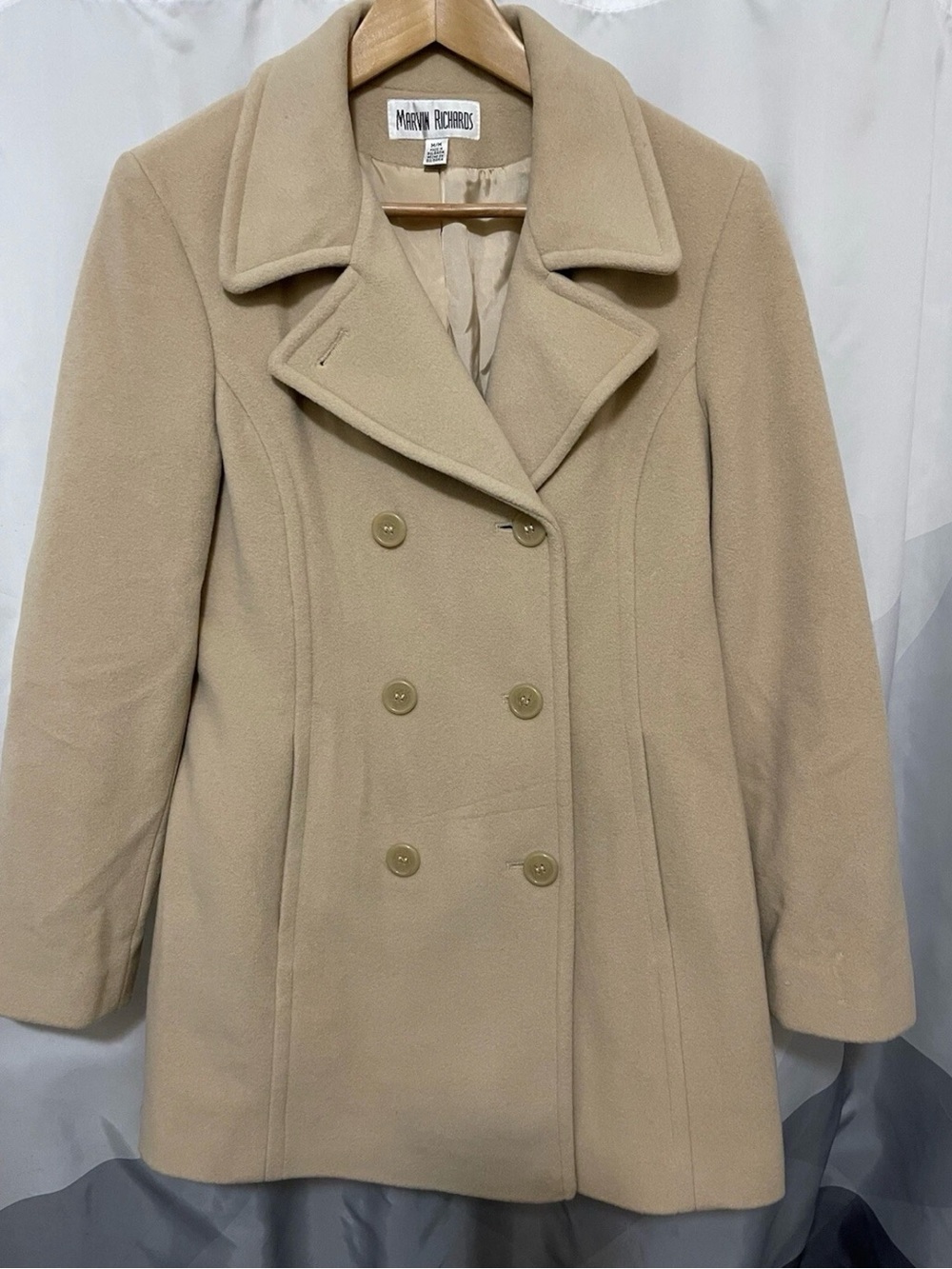 Marvin Richards Double Breasted Cream Jacket Wool Cashmere Blend Pea Coat Size M